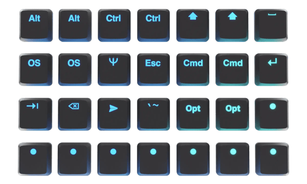a variety of keycaps, blank, dark, light...