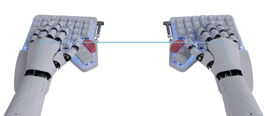 Robotic hands, shoulder width apart, hovering over a moonlander
