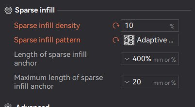 Sparse infill density set to 10 percent, adaptive pattern