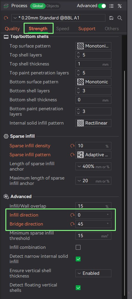 Slicer Strength tab showing infill direction 0° and bridge direction 45°