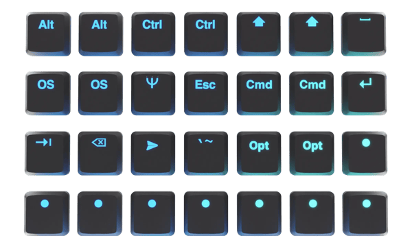 a variety of keycaps, blank, dark, light...