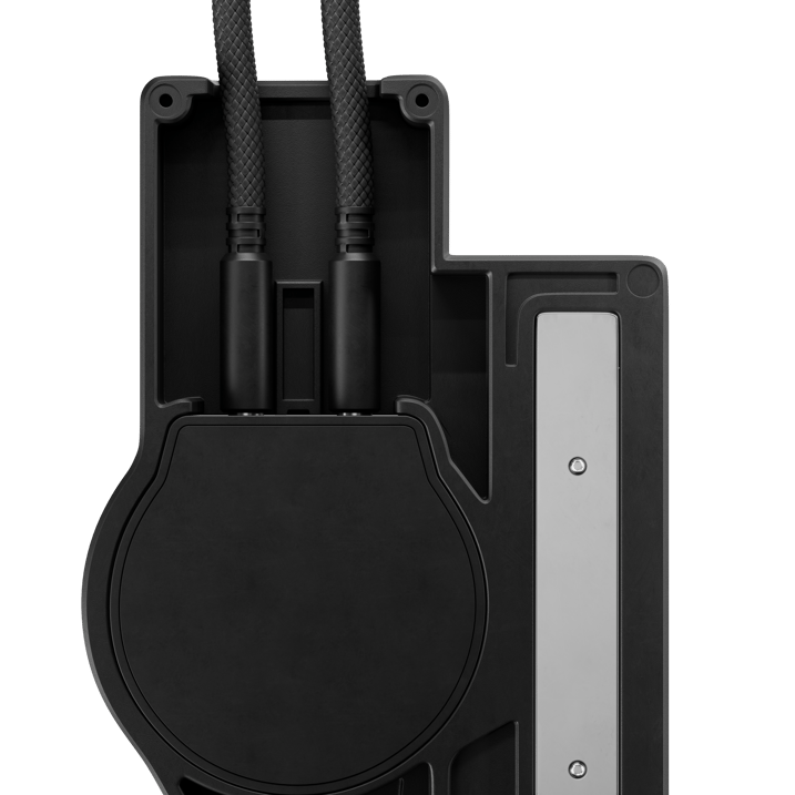Close up shot of the backside of the navigator, showing two cables plugging into it neatly positioned side by side and covered