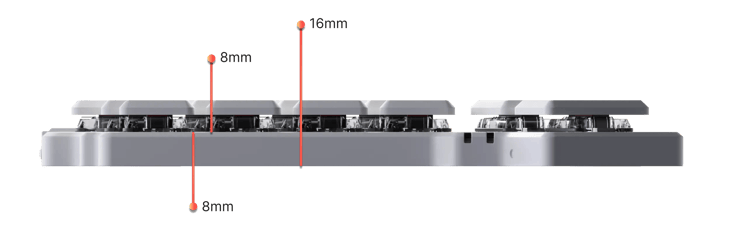 a sideview schematic of the the voyager showing it's thickness. The base is 8mm, keycaps and keyswitches are 8mm, with the overall height as 16mm