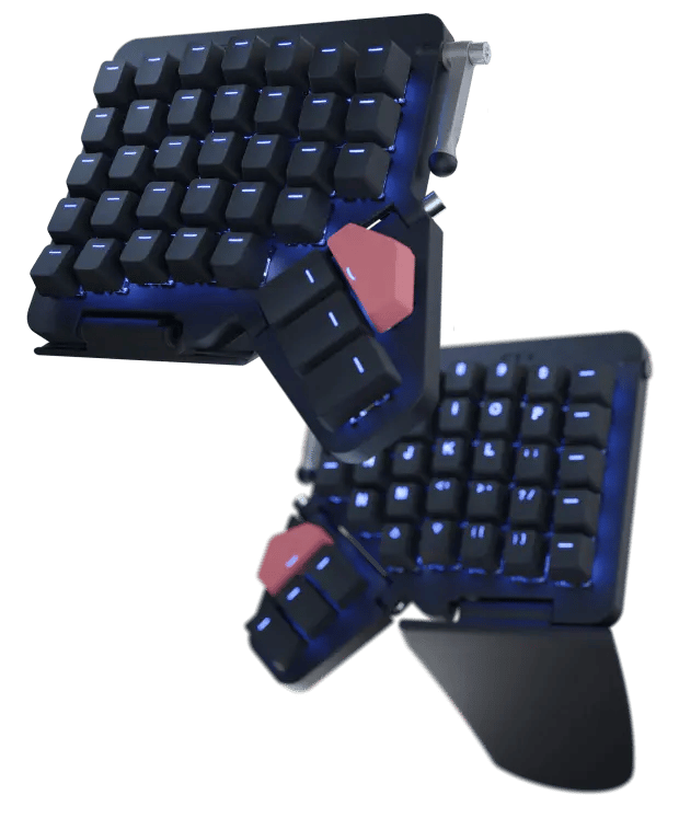 A black left Moonlander the foreground, with blank keycaps and a black right Moonlander with printed keycaps.